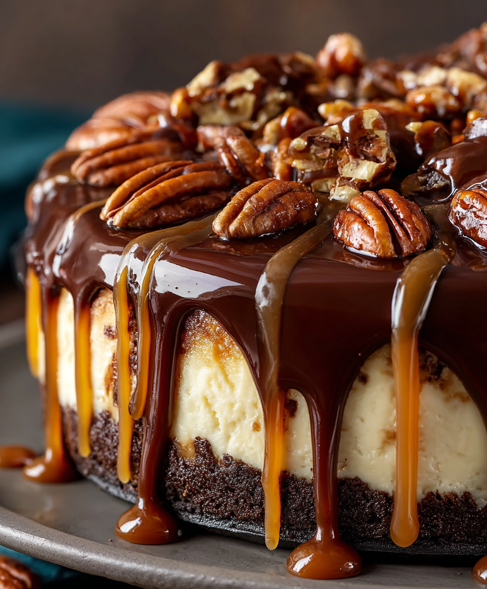Chocolate Pecan Turtle Cheesecake