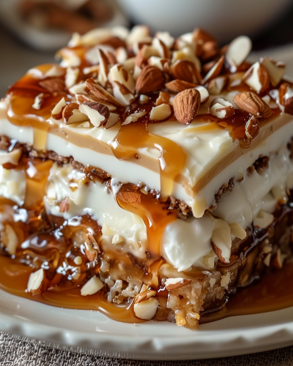Caramel Almond Cream Dessert Lasagna