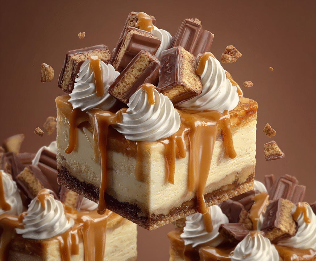 Caramel Chocolate Bar Cheesecake Squares