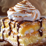 Creamy Custard Puff Pastry with Toasted Meringue & Chocolate Drizzle