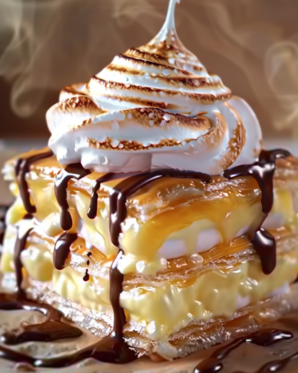 Creamy Custard Puff Pastry with Toasted Meringue & Chocolate Drizzle