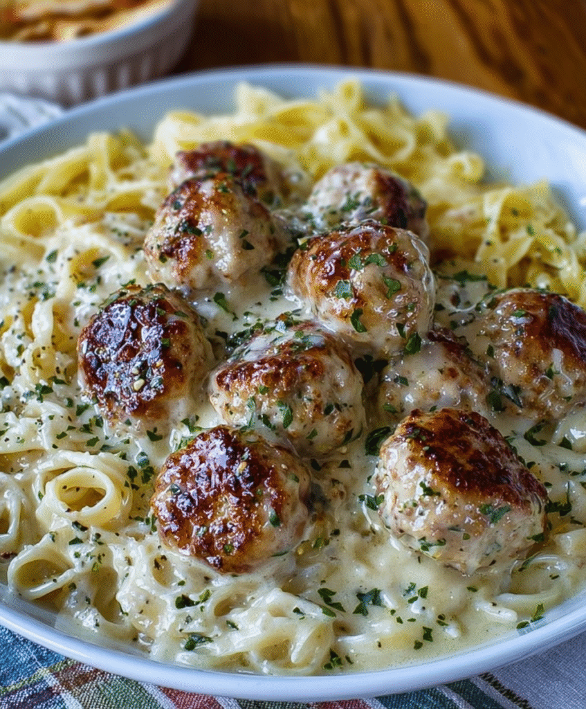 Creamy Garlic Chicken Meatballs with Alfredo Pasta