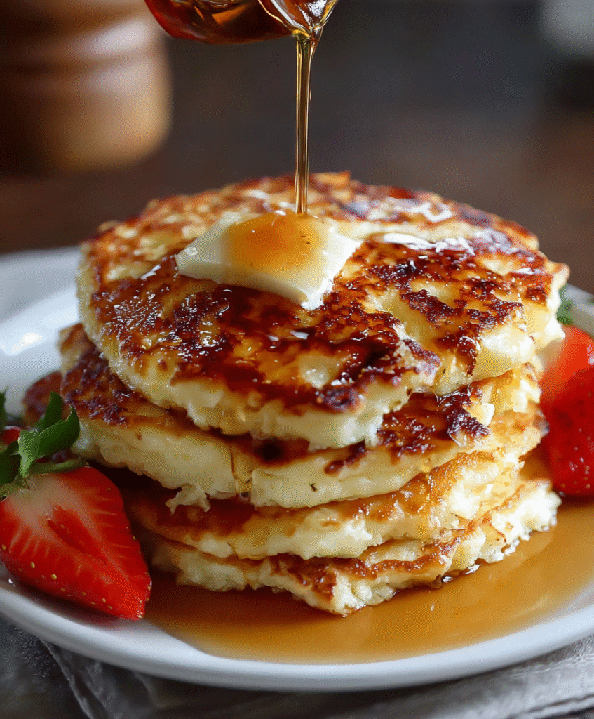 Fluffy Cottage Cheese Pancakes with Maple Syrup