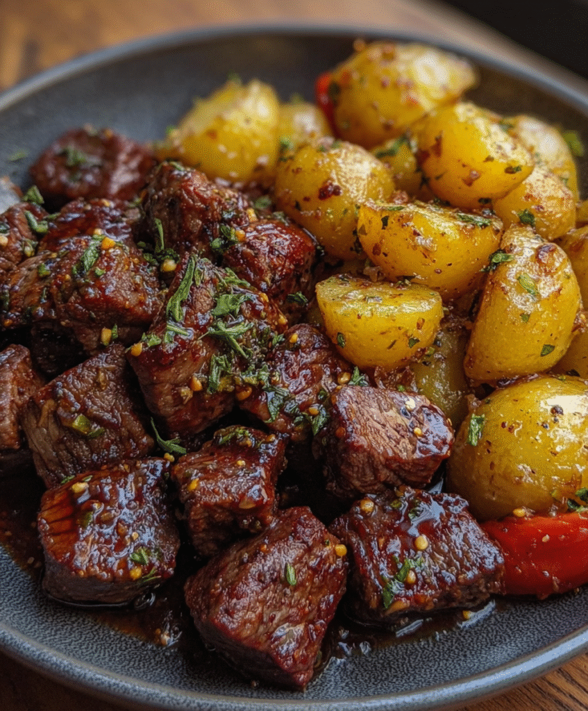 Honey Garlic Steak Bites with Roasted Potatoes