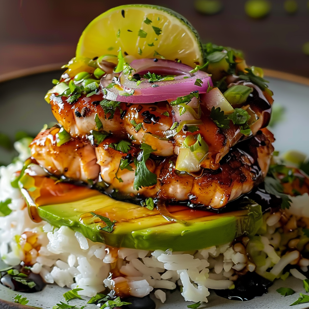 Honey Soy Glazed Salmon Rice Stack
