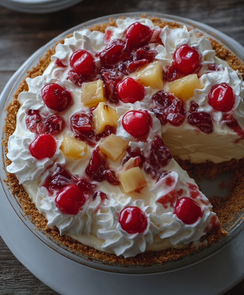 No-Bake Pineapple Cherry Cream Pie