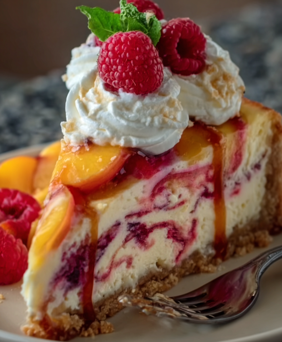 Peach Raspberry Swirl Cheesecake