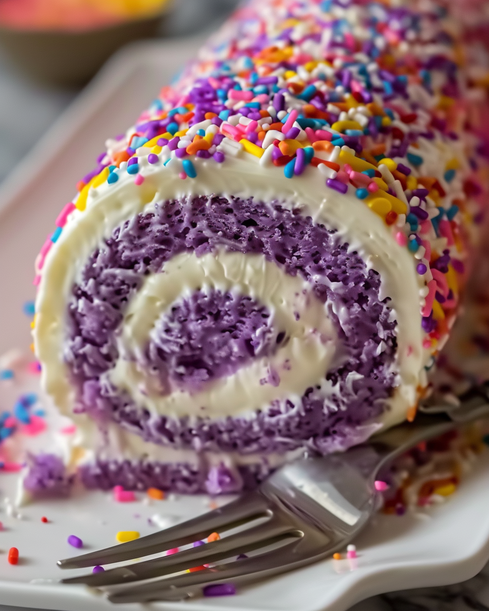Purple Velvet Cake Roll with Cream Cheese Filling & Sprinkles