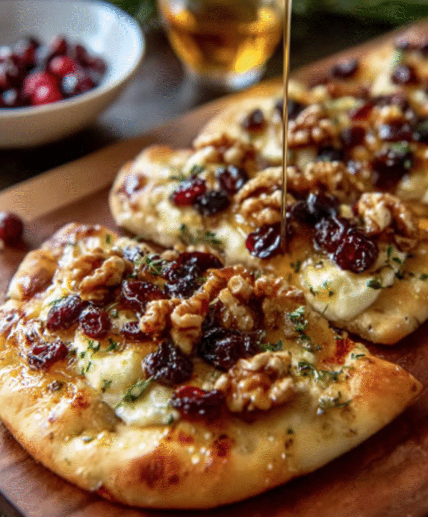 Brie, Cranberry & Walnut Flatbread with Hot Honey Drizzle