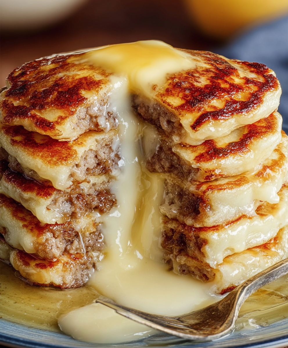 Cheesy Sausage-Dipped Pancakes