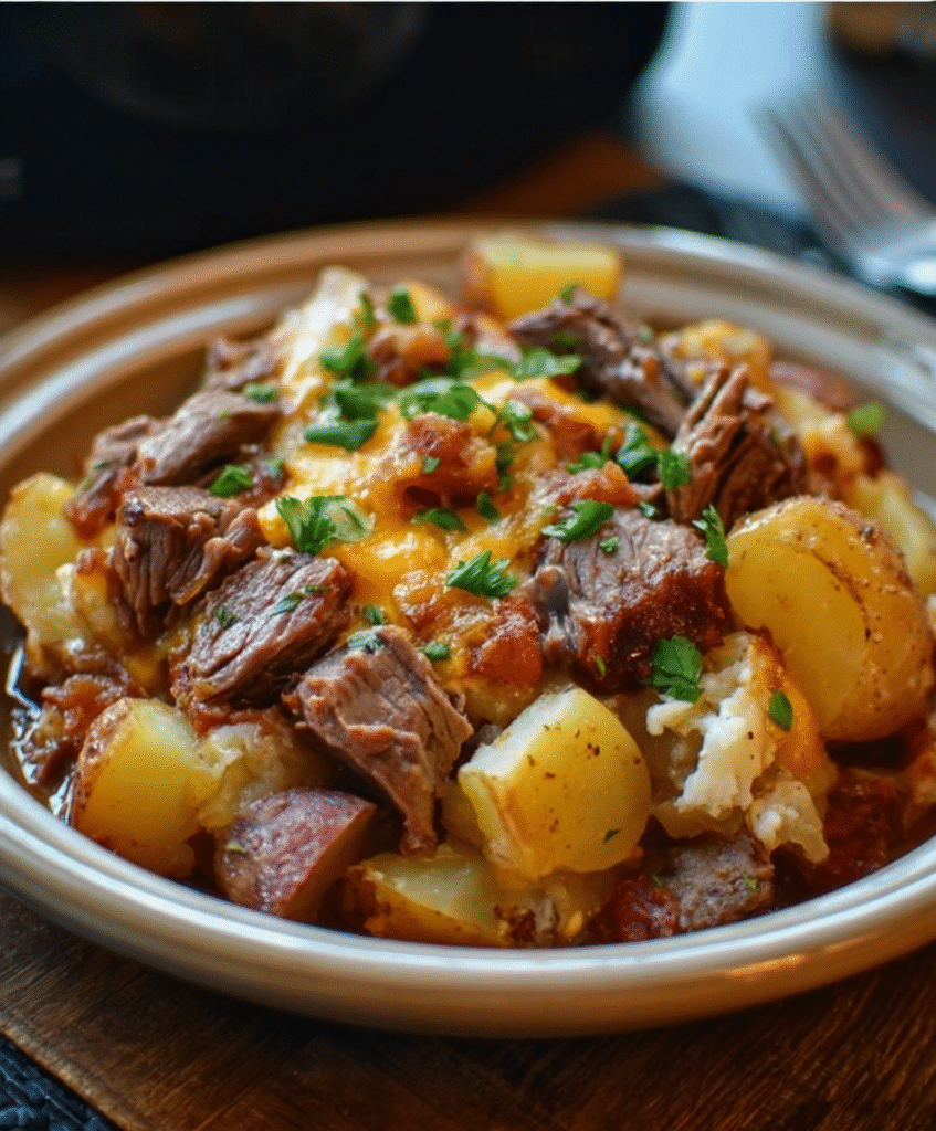 Crockpot Loaded Steak & Potato Bake