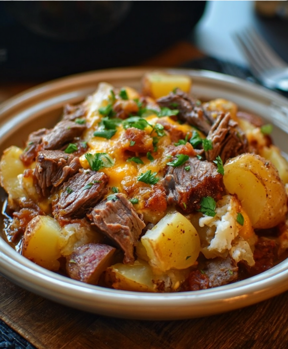 Crockpot Loaded Steak & Potato Bake