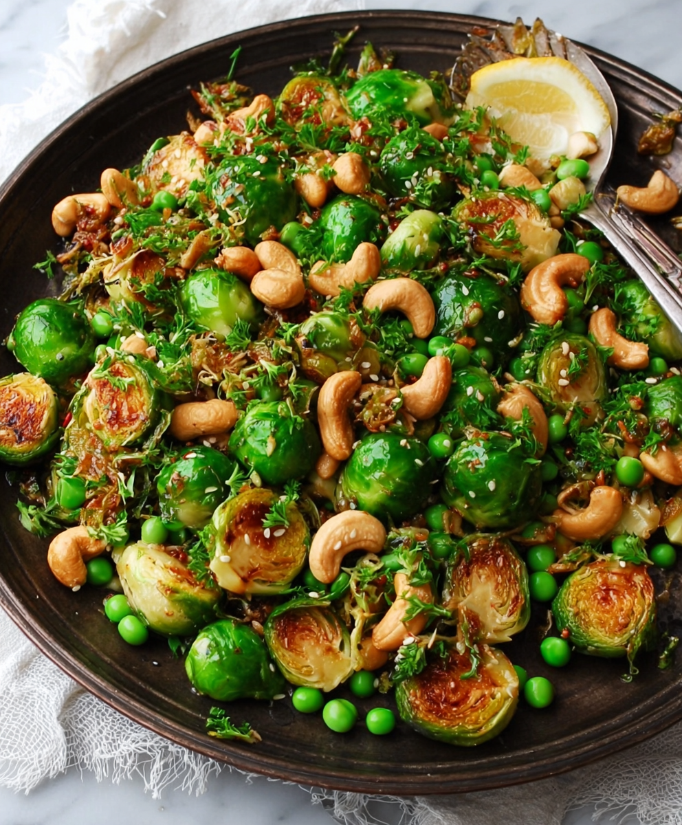 Maple-Glazed Brussels Sprouts & Peas with Cashews