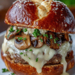Melted Swiss Mushroom Pretzel-Bun Burger