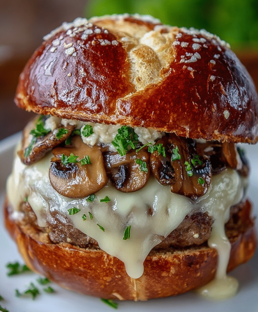 Melted Swiss Mushroom Pretzel-Bun Burger