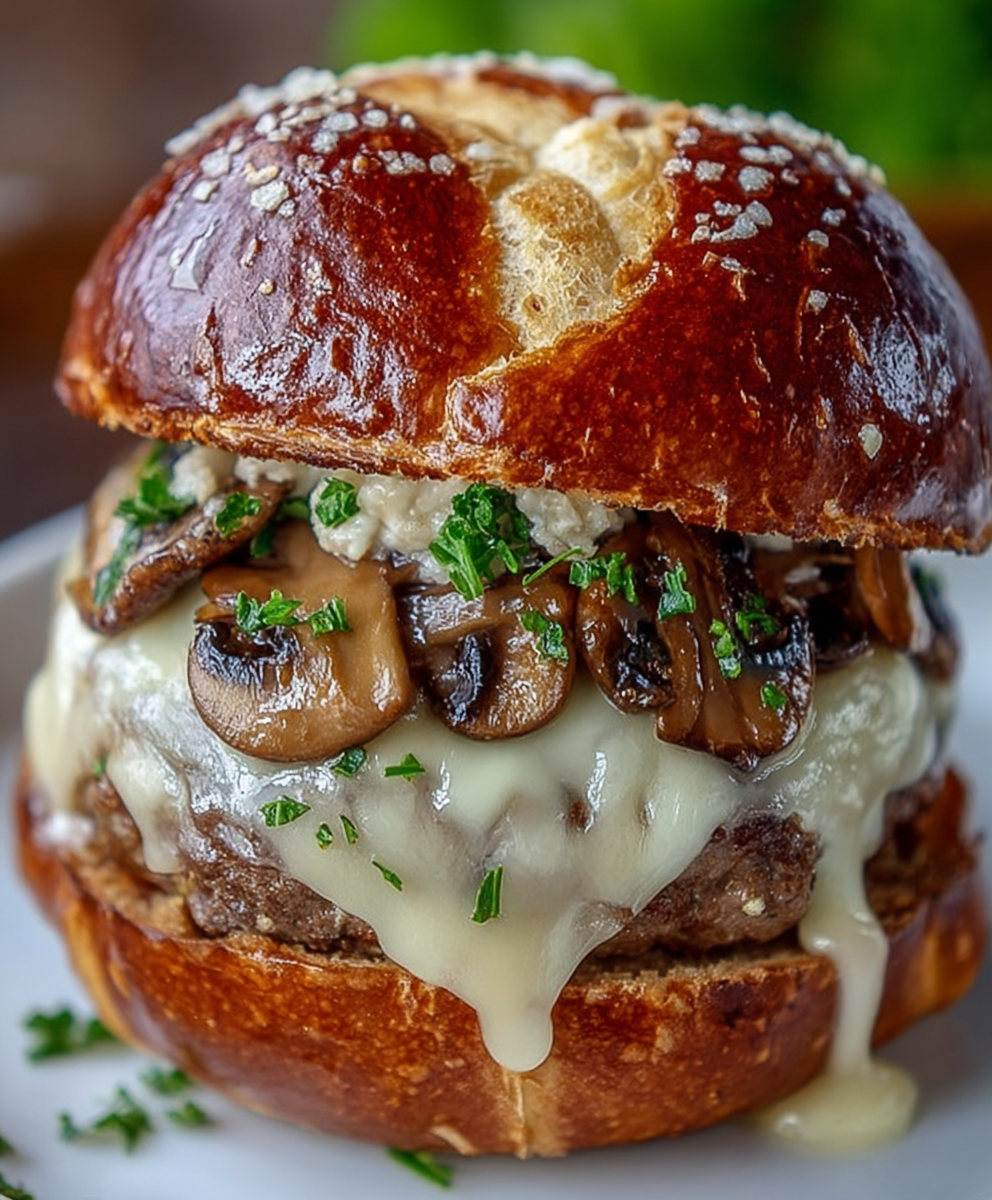 Melted Swiss Mushroom Pretzel-Bun Burger