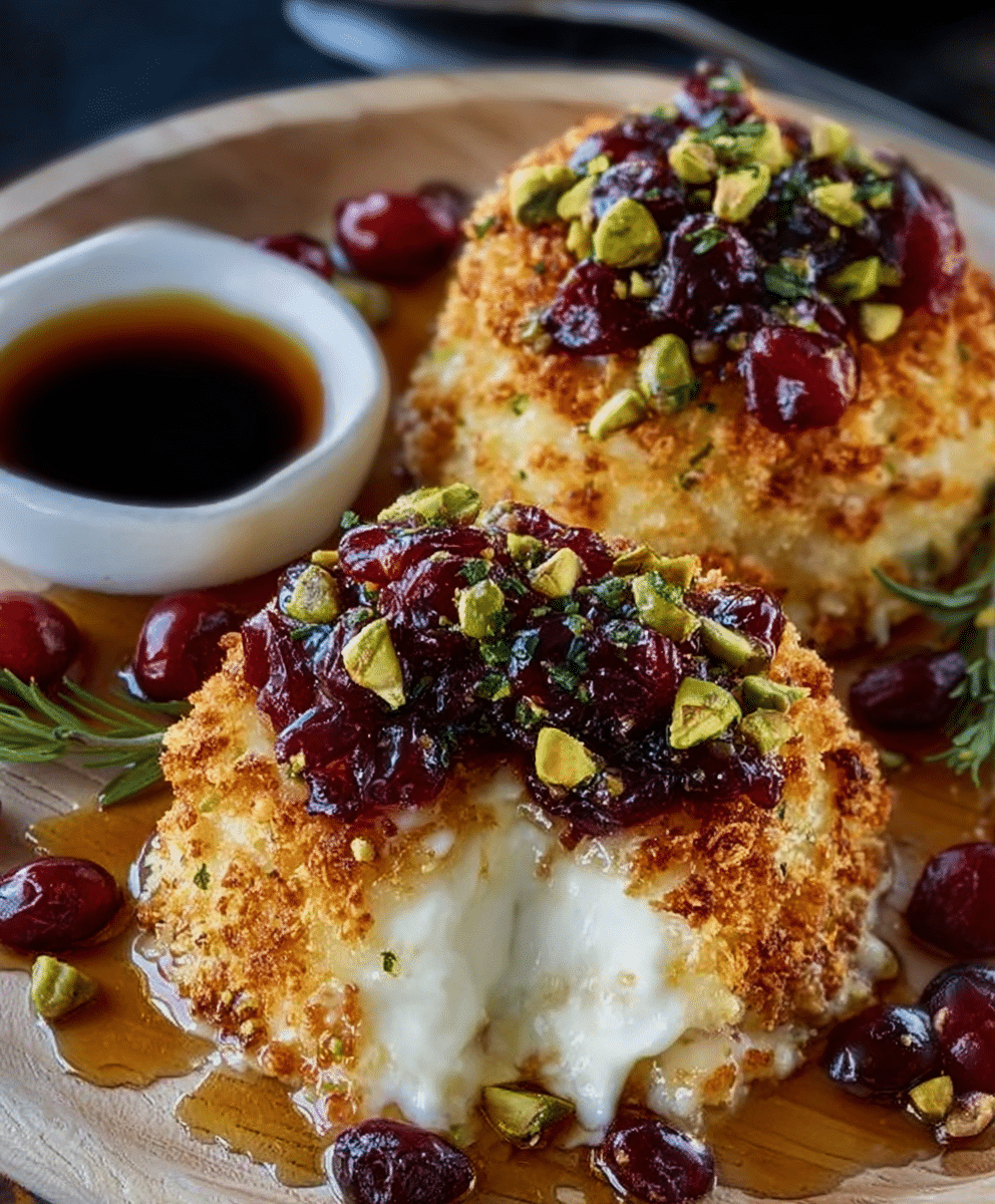 Pistachio-Crusted Fried Brie with Honey & Cranberries