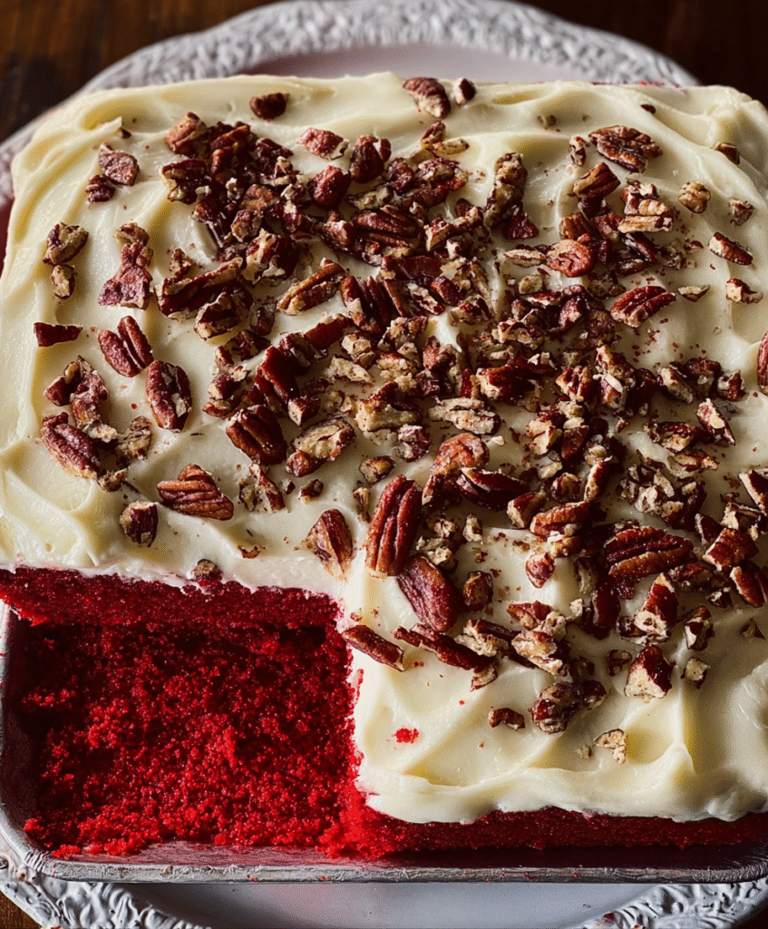 Southern Red Velvet Sheet Cake with Cream Cheese Frosting & Toasted Pecans
