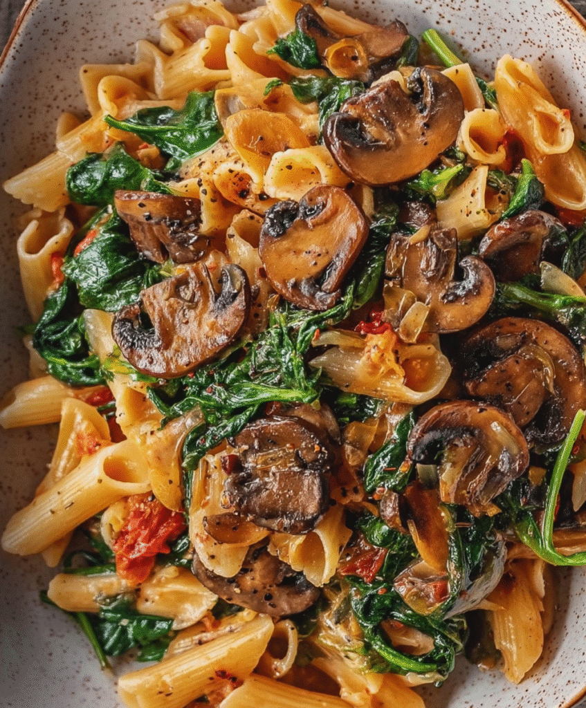 Spanish Pasta with Mushrooms & Spinach