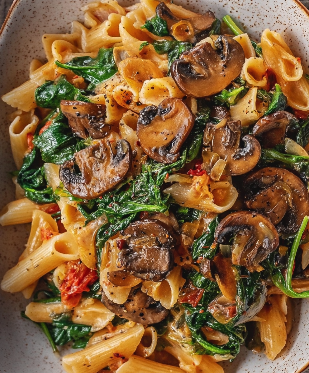 Spanish Pasta with Mushrooms & Spinach