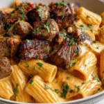 Cajun Steak Tips with Cheesy Rigatoni Parmesan Sauce