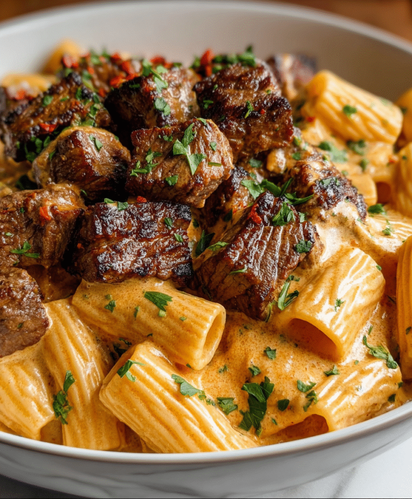 Cajun Steak Tips with Cheesy Rigatoni Parmesan Sauce
