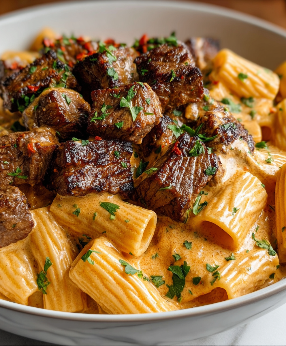 Cajun Steak Tips with Cheesy Rigatoni Parmesan Sauce