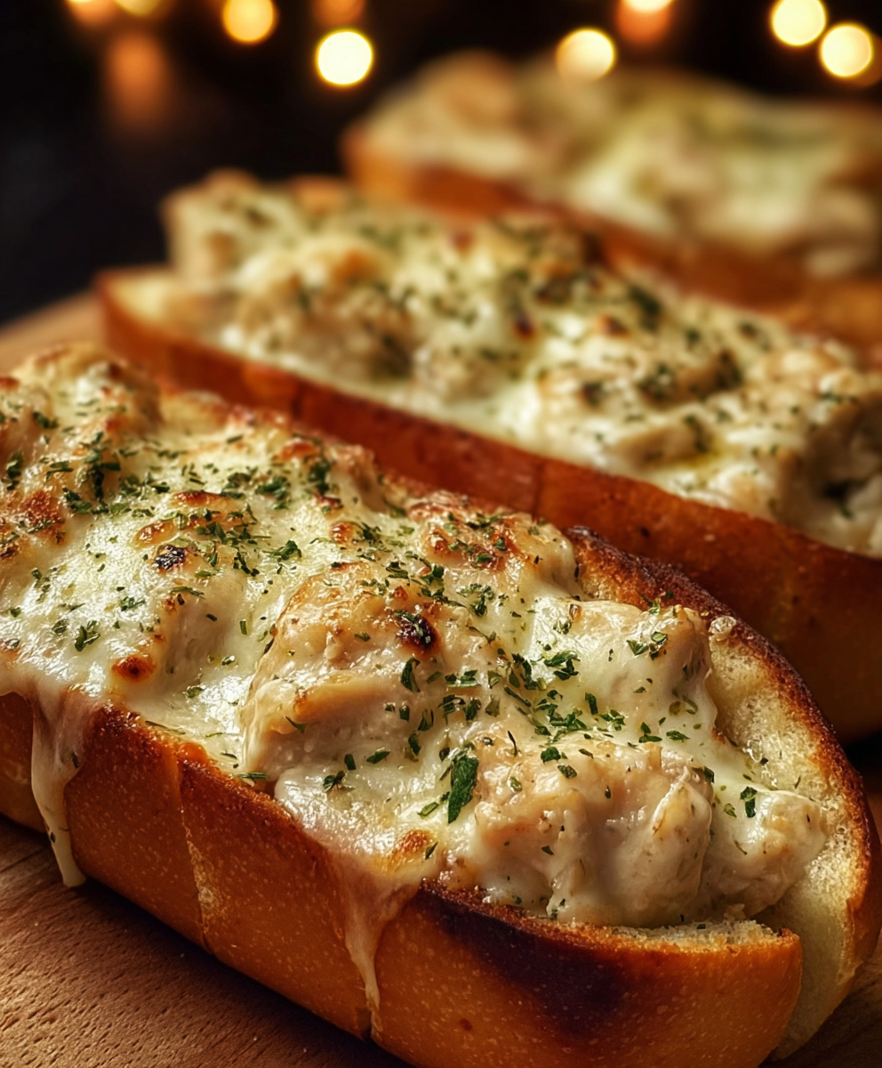 Chicken Alfredo Stuffed Garlic Bread Boats