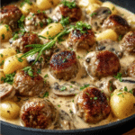 Creamy Mushroom Meatballs & Gnocchi Skillet