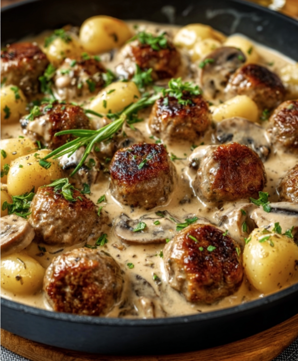 Creamy Mushroom Meatballs & Gnocchi Skillet