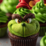 Grinch Cupcakes with Green Frosting & Chocolate Details