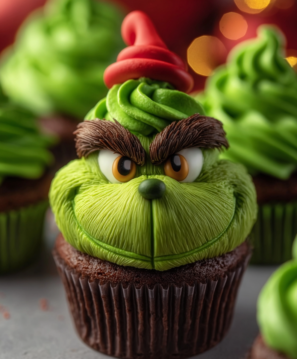 Grinch Cupcakes with Green Frosting & Chocolate Details
