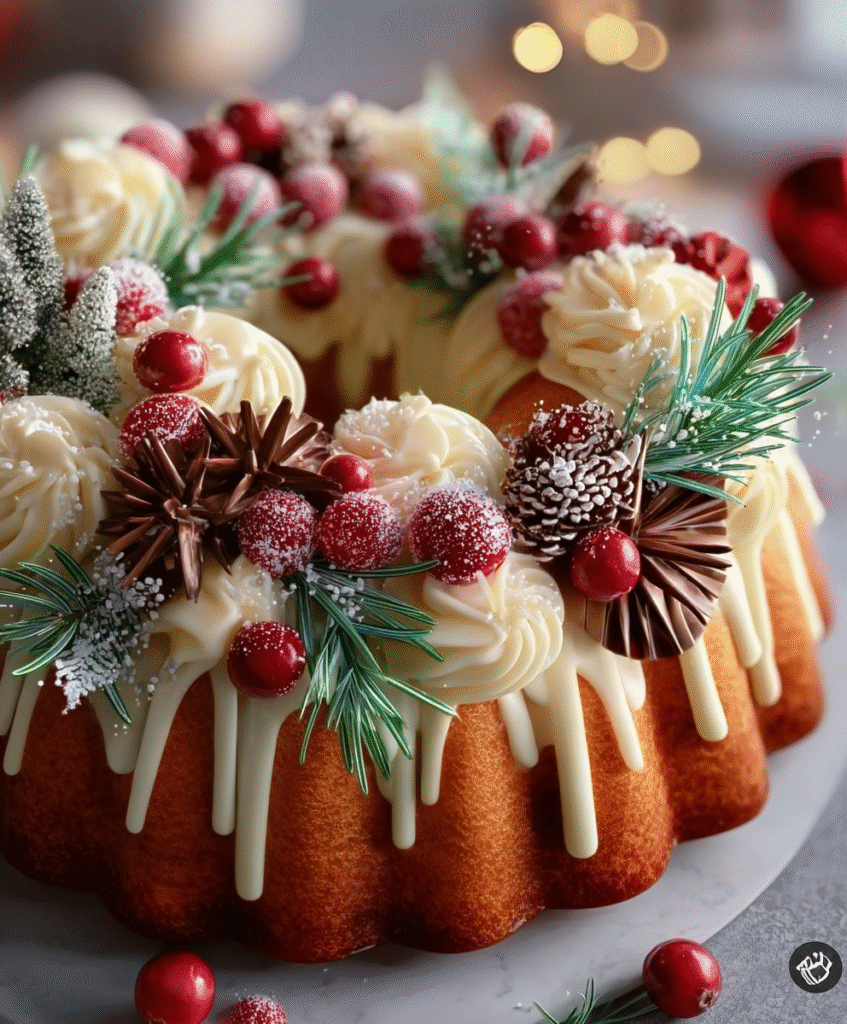 Holiday Wreath Bundt Cake with Cream Swirls & Sugared Berries