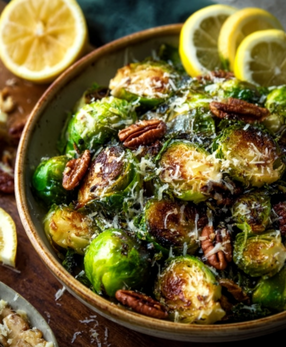 Sautéed Brussels Sprouts with Lemon, Parmesan & Toasted Pecans