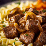 Slow Cooker Steak Tips with Onions & Au Jus Gravy