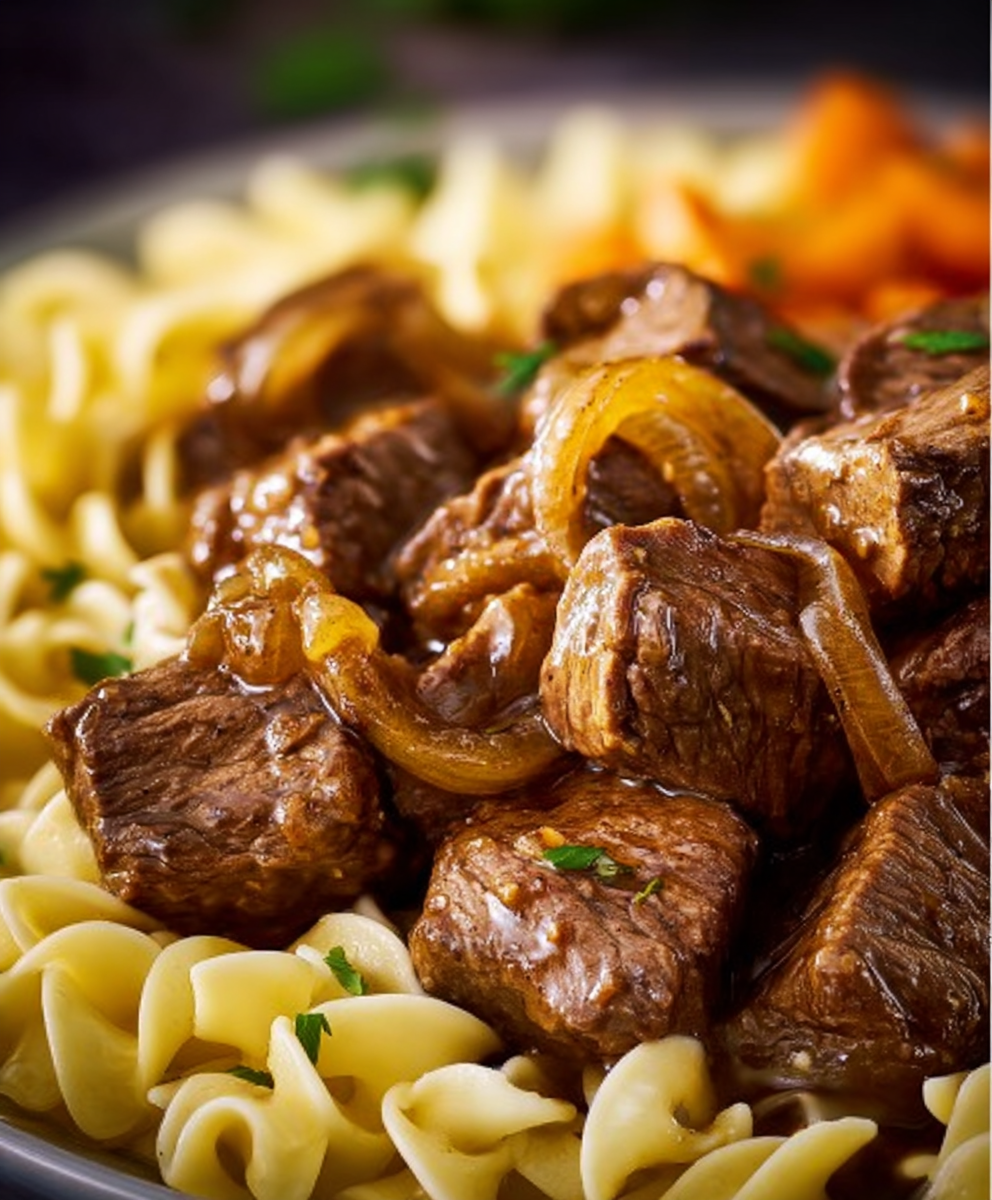 Slow Cooker Steak Tips with Onions & Au Jus Gravy