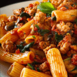 Tomato-Basil Rigatoni with Crumbled Sausage & Mushrooms