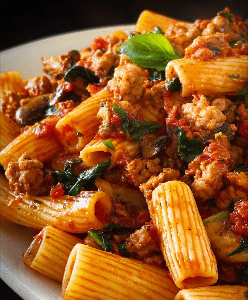 Tomato-Basil Rigatoni with Crumbled Sausage & Mushrooms