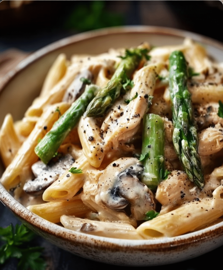 Creamy Mushroom & Asparagus Chicken Penne