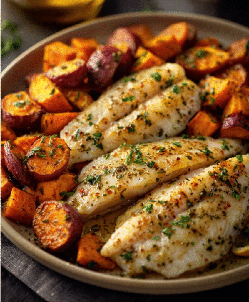 Garlic Butter Tilapia with Roasted Root Veggies